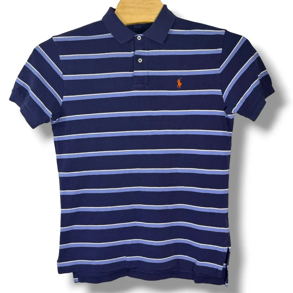 Polo‎ Ralph Lauren Polo Shirt Men M Blue Striped Cotton Short Sleeve Pony Golf